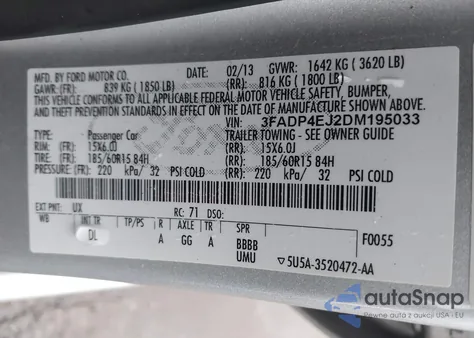 2013 Ford Fiesta Se z USA, uszkodzony, nr VIN 3FADP4EJ2DM195033